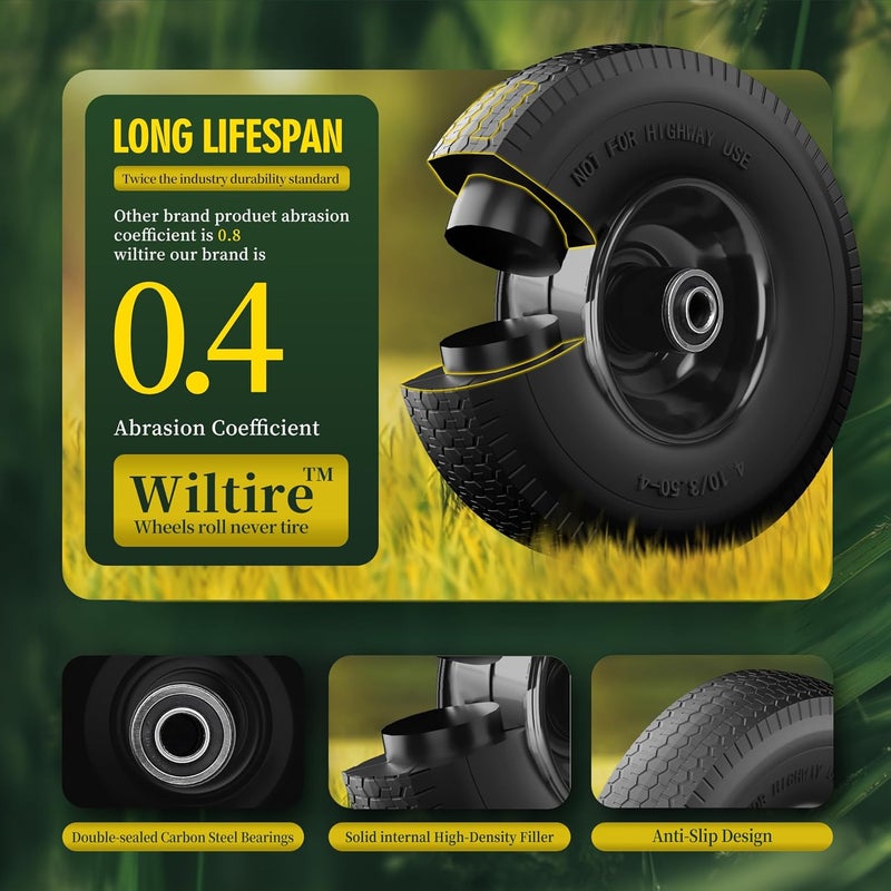 Wiltire (2 Pack) 4.10/3.50-4 Flat Free Tire and Wheel 10-Inch Solid Wheel Replacement with 5/8 Extra 3/4 &1/2 Bearings,2.2" Offset Hub -Compatible with Hand Truck,Wheelbarrow(Wave,Black) - Image 3